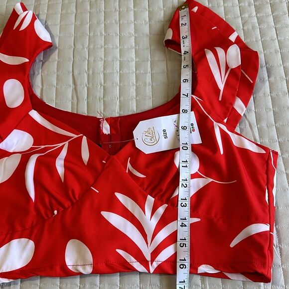NEW - RED/WHITE LEAF PRINT CROP TOP RUFFLED SLEEVE SZ LARGE - Picture 6 of 11